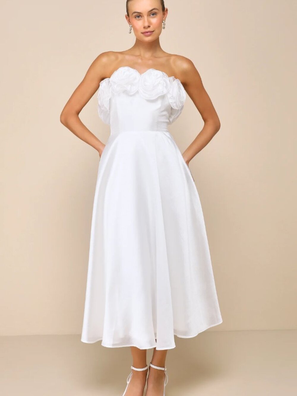 NWT LULUS White Organza Rosette Midi Dress in White Size S